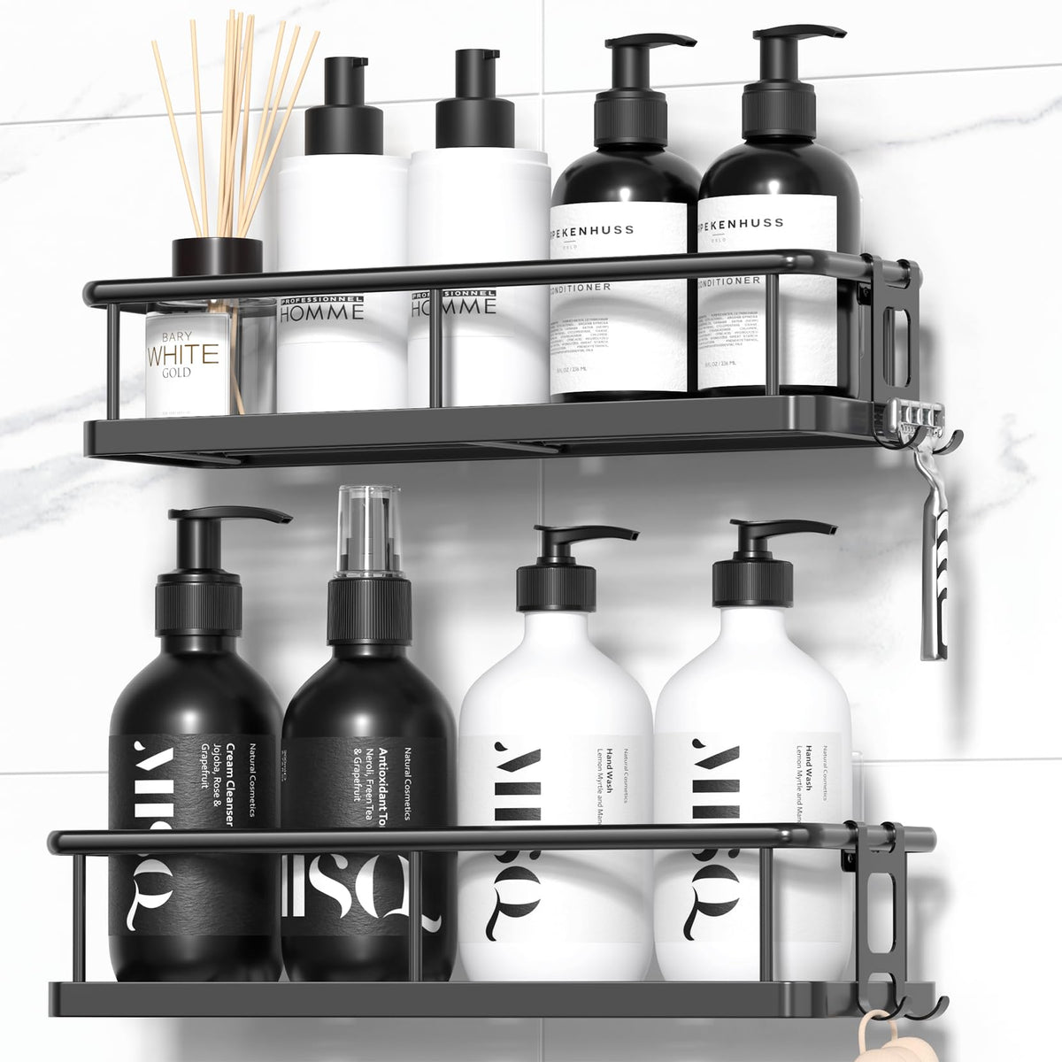 YASONIC Shower Caddy, Rust Proof Bathroom Storage Shelves, Large, Black | 2-Pack Bathroom Shelf, No-Drill Shower Shelf, Wall-Mounted Storage for Kitchen & Bedroom