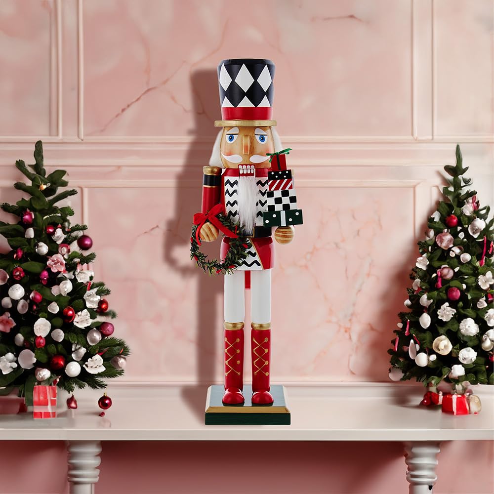 15-Inch Red, White and Black Nutcracker with Gift Box and Wreath