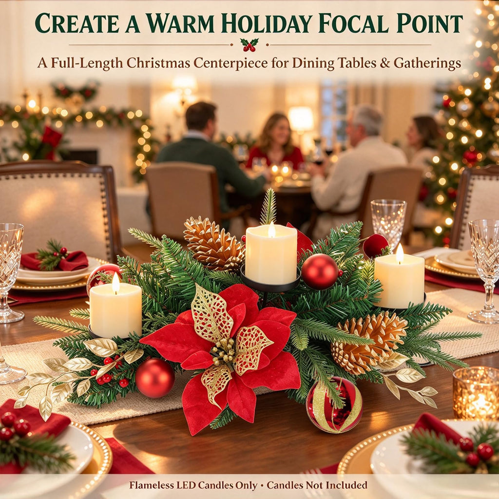 30" Christmas Table Centerpiece Iron Candle Holder with 3 Holders | Red Poinsettias, Gold Pinecones, Berries & Ornaments, Foldable Metal Frame with Storage Bag for Tabletop & Mantel Holiday Dec