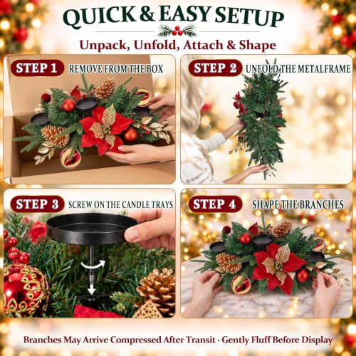 30" Christmas Table Centerpiece Iron Candle Holder with 3 Holders | Red Poinsettias, Gold Pinecones, Berries & Ornaments, Foldable Metal Frame with Storage Bag for Tabletop & Mantel Holiday Dec