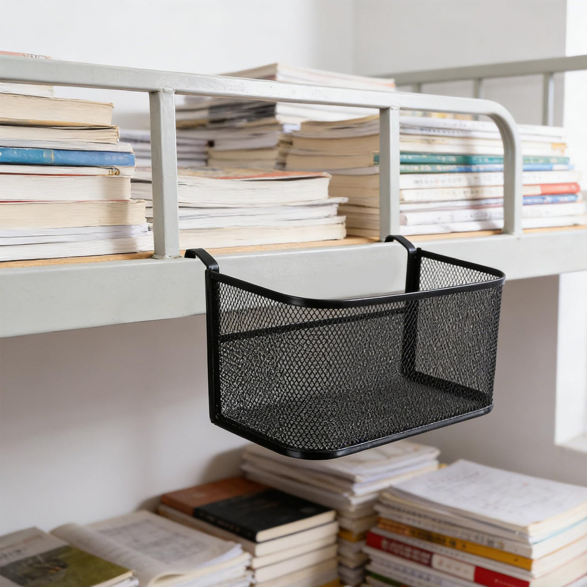 Bedside Hanging Storage Basket, Metal Bunk Bed Organizer with Cup Holder | Black Iron Frame, Hook Design, Multiple Compartments, Keeps Magazines, Phones, Drinks and Remotes within Reach