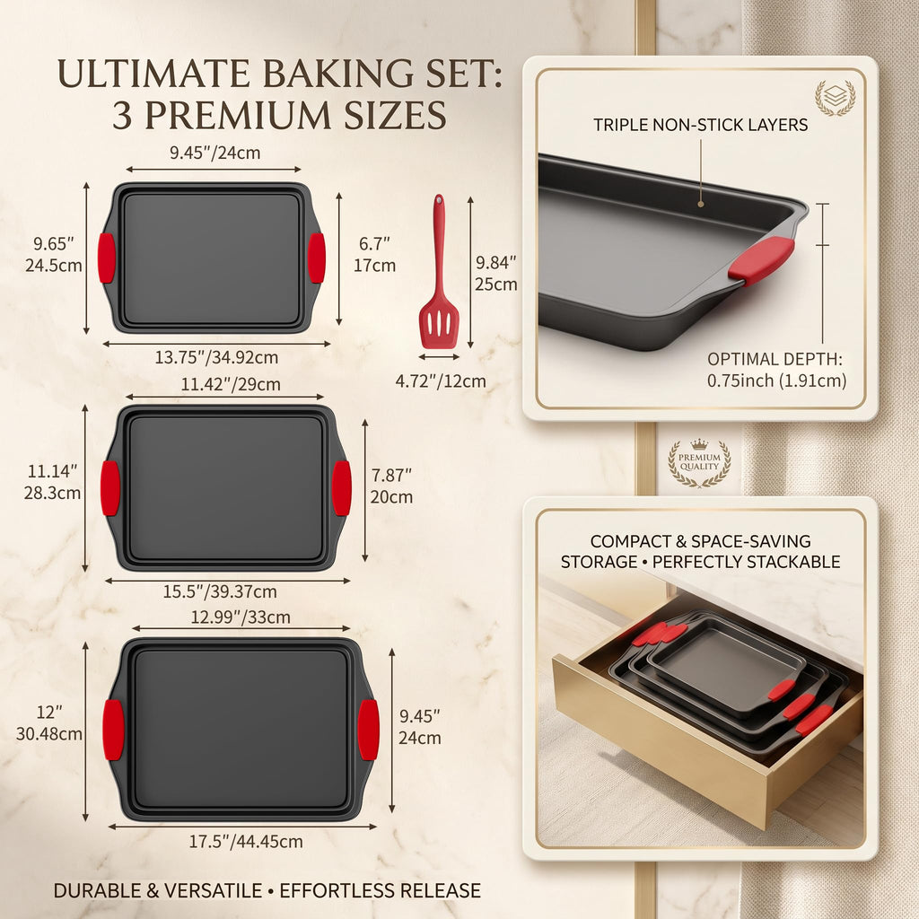 4-Piece Nonstick Carbon Steel Baking Sheet Set, Small Medium Large Rimmed Oven Pans with Red Heat-Resistant Silicone Handles & Bonus Spatula for Cookies, Cakes, Pizza & Home Baking