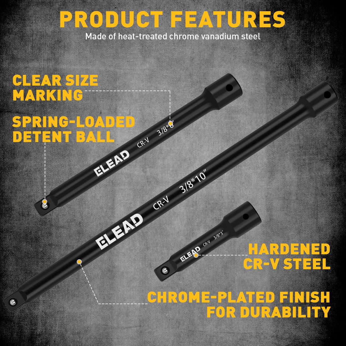 4-Piece 3/8" Drive Socket Extension Bar Set, 3, 6, 10 inch Professional Extension Set, 3/8 Inch Drive Universal Joint Socket, Premium Cr-V Steel Sockets Wrench Extender