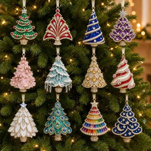 12-Piece Acrylic Christmas Ornaments DIY Pearl Diamond Art Kit for Adults | Hanging Rhinestone Craft Special-Shaped Resin Gems Jute Twine Jesus Santa Claus Snowman Cat Dog Designs Holiday Decor Gift