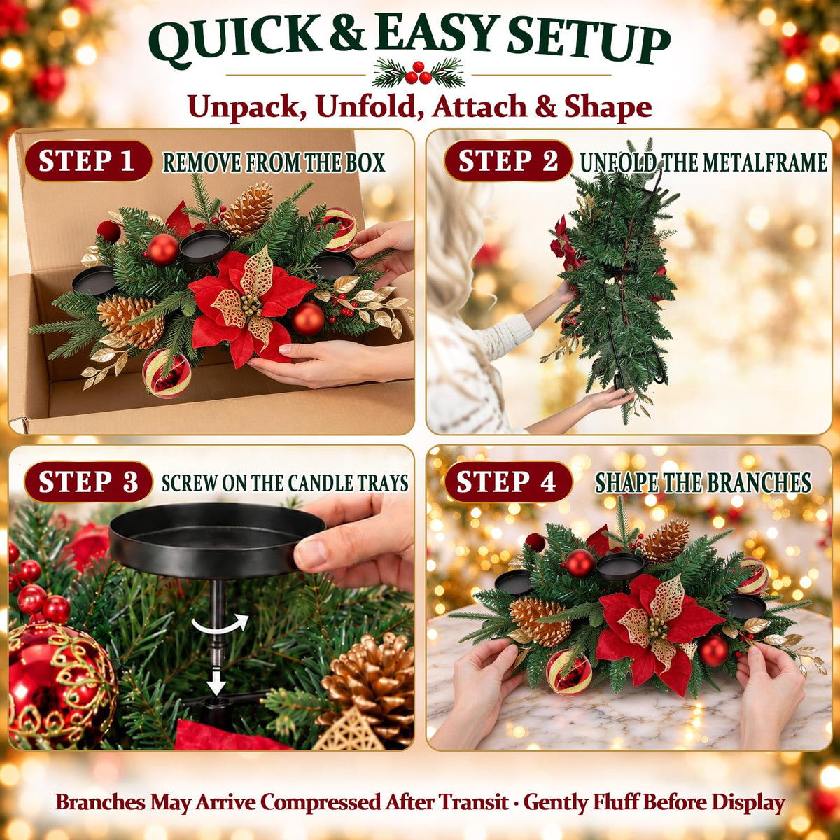 30" Christmas Table Centerpiece Iron Candle Holder with 3 Holders | Red Poinsettias, Gold Pinecones, Berries & Ornaments, Foldable Metal Frame with Storage Bag for Tabletop & Mantel Holiday Dec