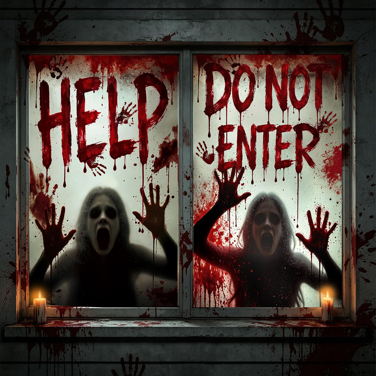 2PCS Halloween Window Cover, 47.2 x 31.5 Inch Bloody Haunted House Decor | Halloween Window Decorations for Outdoor Door Curtains Horror Theme Party with Scary Ghost