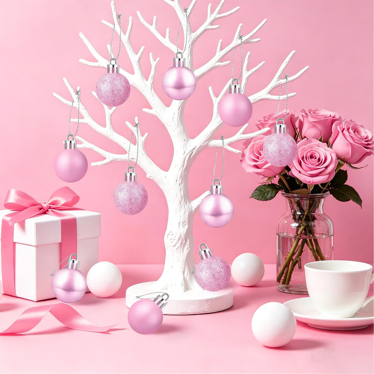 24 Count Mini Pink Ornaments for Mini Christmas Tree, Small Shatterproof Christmas Tree Ornaments Balls Party Decorations, 1.2 Inch