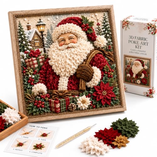 3D Christmas Fabric Poke Art Kit with Frame, Craft Fabric Punch Needle Kit | 3d Christmas Fabric Poke Art Kit with Frame, No-Sew Craft Fabric Poke Art for Adults Santa Punch Needle Kits Home Decor