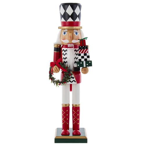15-Inch Red, White and Black Nutcracker with Gift Box and Wreath