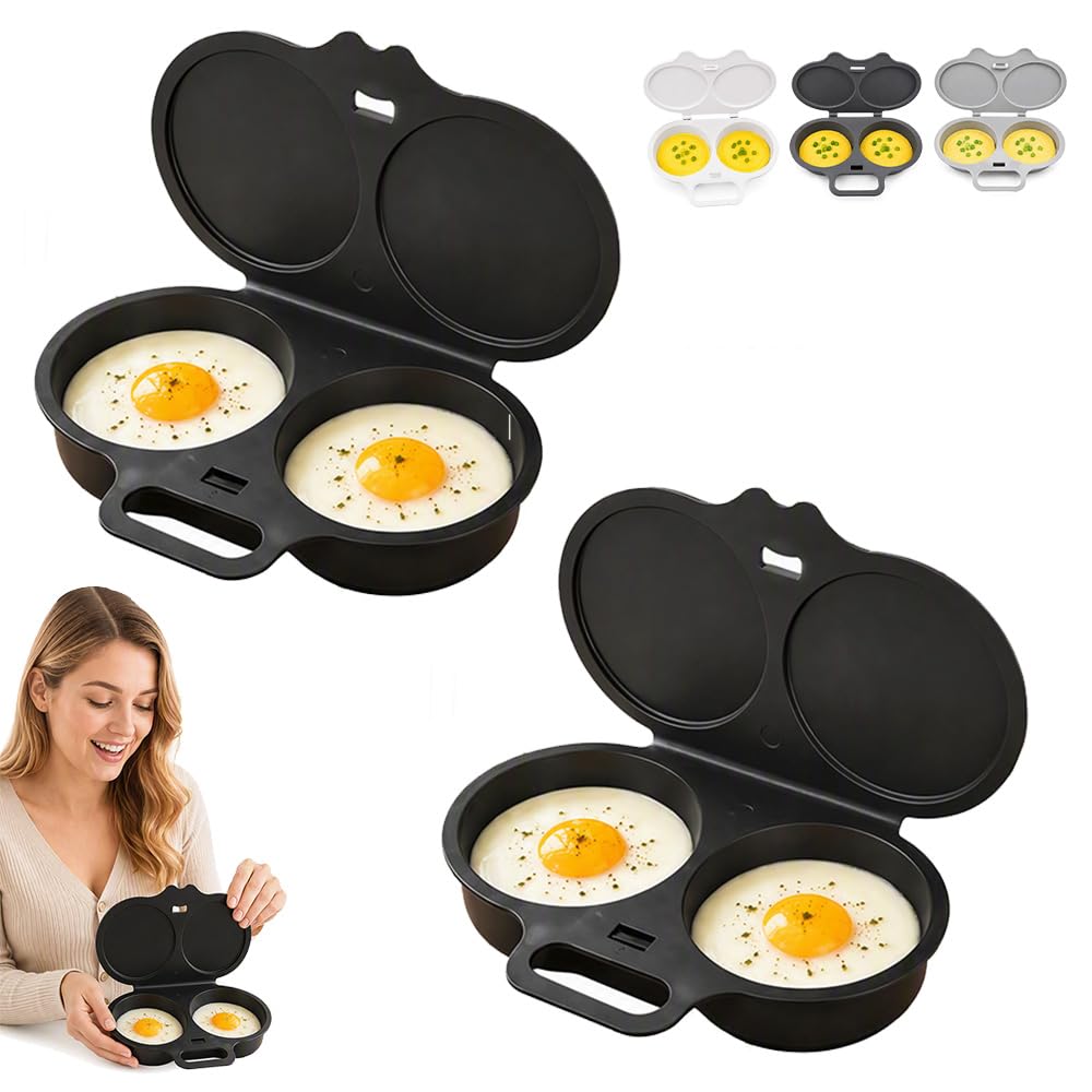 2pcs Dual Cavity Microwave Egg Poacher with Lid & Handle，Black | Microwave Egg Cooker 2 Eggs, Quick Oil-Free Cooking Egg Poacher for Kitchen, Versatile Kitchen Essential