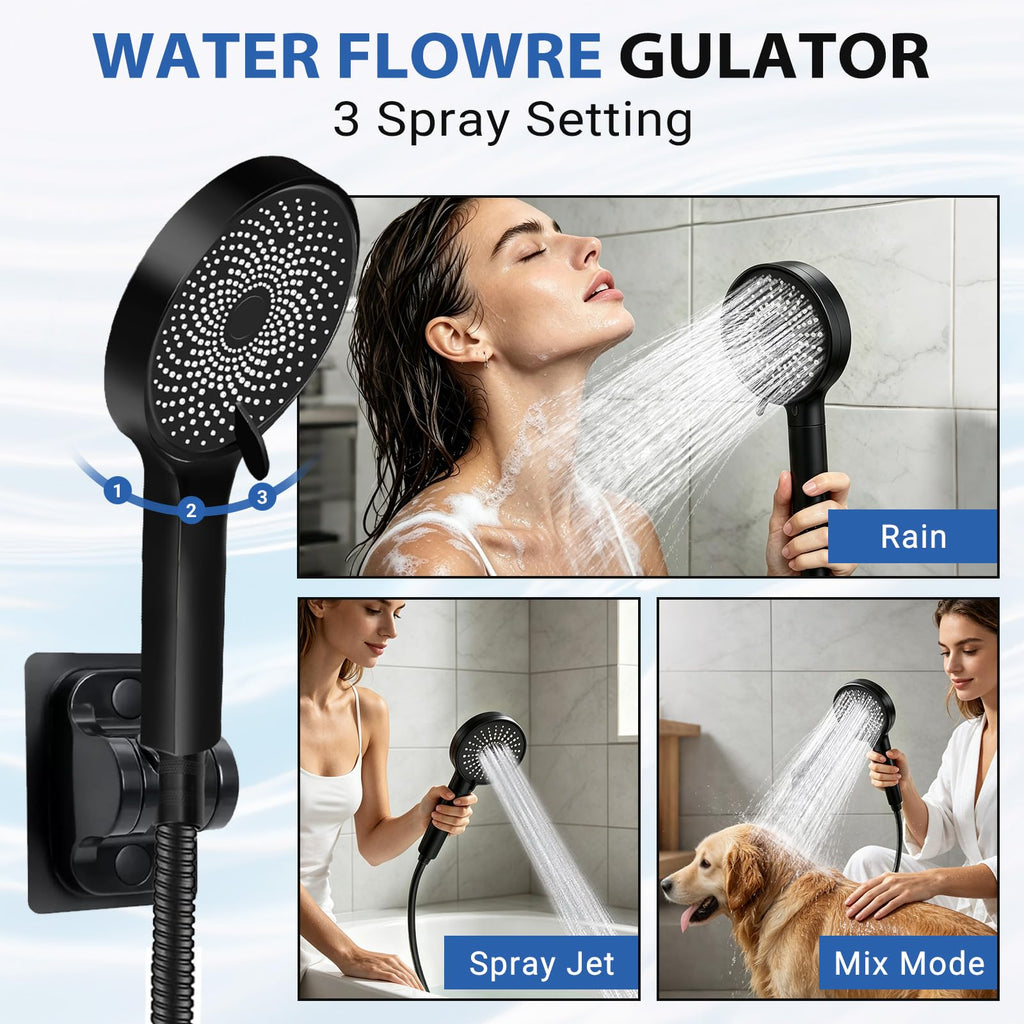 Shower Head, 8 inch Multifunction High Pressure Rain Shower Head with Handheld Spray Combo with 11'' Angle Adjustable Extension Arm/Flow Regulator/Shower System Matte Black