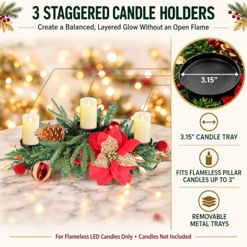 30" Christmas Table Centerpiece Iron Candle Holder with 3 Holders | Red Poinsettias, Gold Pinecones, Berries & Ornaments, Foldable Metal Frame with Storage Bag for Tabletop & Mantel Holiday Dec
