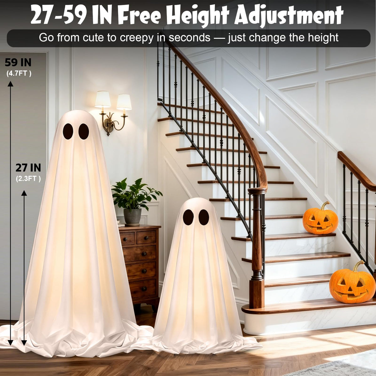 2 Pack 5 Ft Halloween Decorations Outdoor - Light Up Ghost Decor | Spooky DIY Standing Decor Set with Small Accessories, 8 light modes with timer for Front Yards, Gardens, Lawn and Party