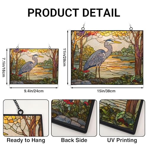 365CUSGIFTS Customized Rectangle Botanical Blue Heron Stained Glass Suncatcher Window Hangings, Suncatchers Glass Panel Sun Catchers Gifts Home Decor Garden Christmas Halloween Wedding