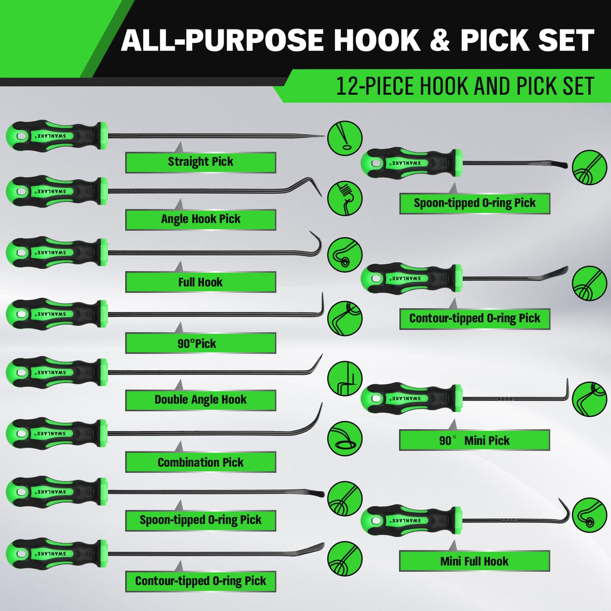 12-Piece Pick and Hook Tool Set, Automotive Mechanic Tools, Car Auto Oil Seal/O-Ring Seal Hook Kit, Mini & Long Precision Hooks for Hoses, Gaskets, Seal Puller Removal