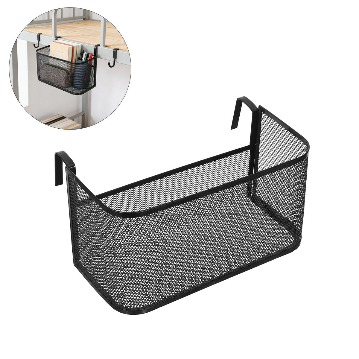 Bedside Hanging Storage Basket, Metal Bunk Bed Organizer with Cup Holder | Black Iron Frame, Hook Design, Multiple Compartments, Keeps Magazines, Phones, Drinks and Remotes within Reach