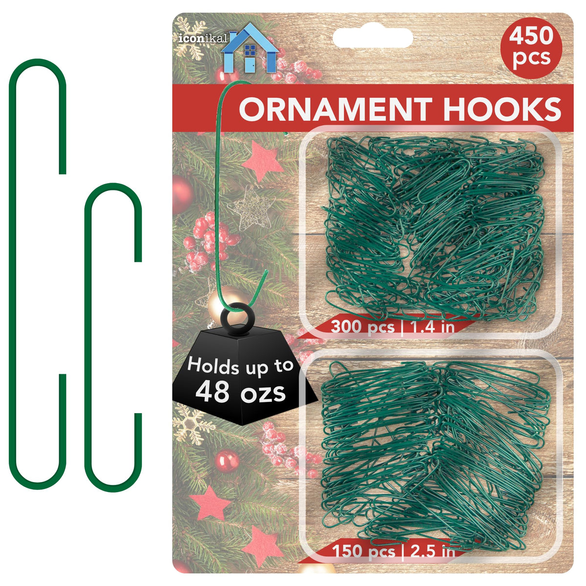 Iconikal 450 Pack Heavy Duty Green Christmas Tree Ornament Hooks 1.4 & 2.5"