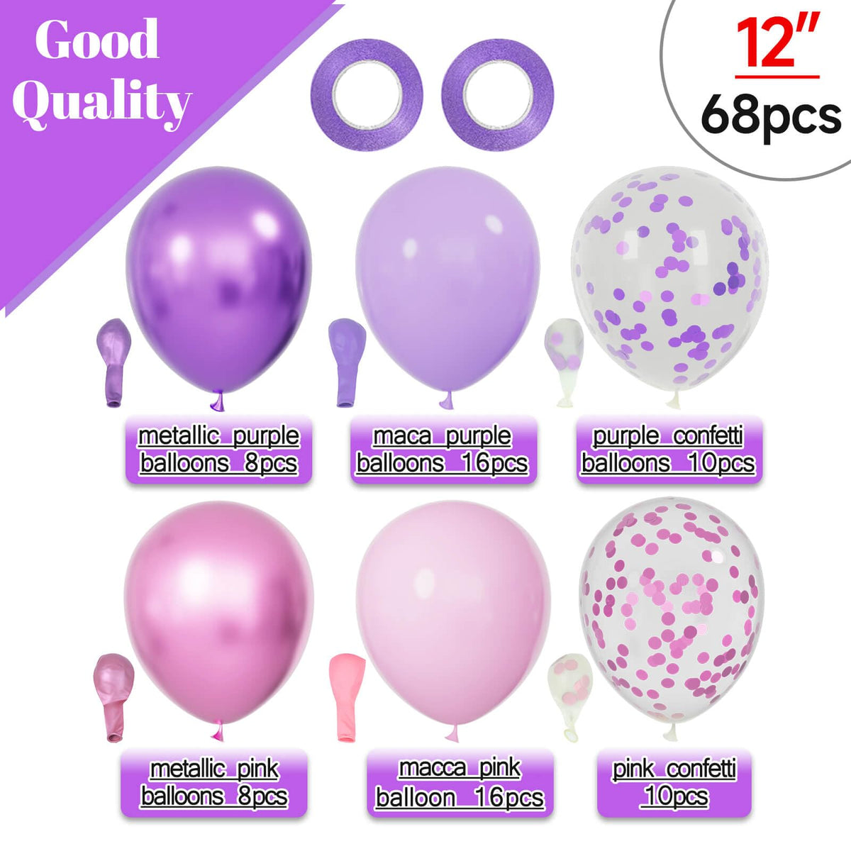 68Pcs Pink and Purple Balloons 12 Inch Metallic Purple Pink Latex Balloon Confetti ballons with Ribbons Party Balloons for Wedding Girls Birthday Baby Shower Decorations.