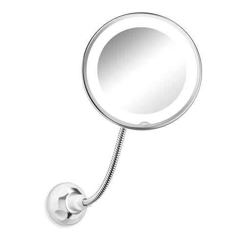 10x Magnifying Mirror with Light, Flexible Gooseneck Travel Make up Mirror | Wall Mount Mirror with Lights and Magnification, Battery Operated Cordless with Suction Cups for Bathroom Silver 1 Lighting