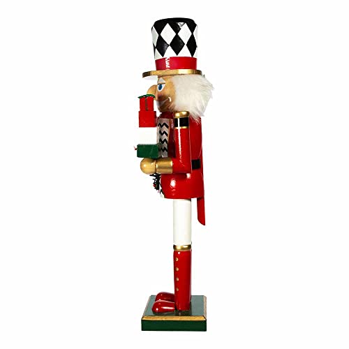 15-Inch Red, White and Black Nutcracker with Gift Box and Wreath