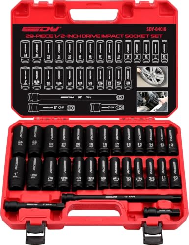 29-Piece 1/2" Drive Impact Socket Set, SAE (3/8 to 1 inch) and Metric (10-24mm) Sizes with Extension Bars Standard Deep Socket Set CR-V Material High Durability Impact Wrench