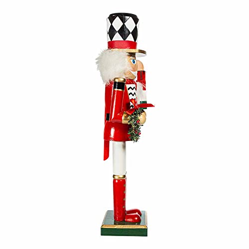 15-Inch Red, White and Black Nutcracker with Gift Box and Wreath