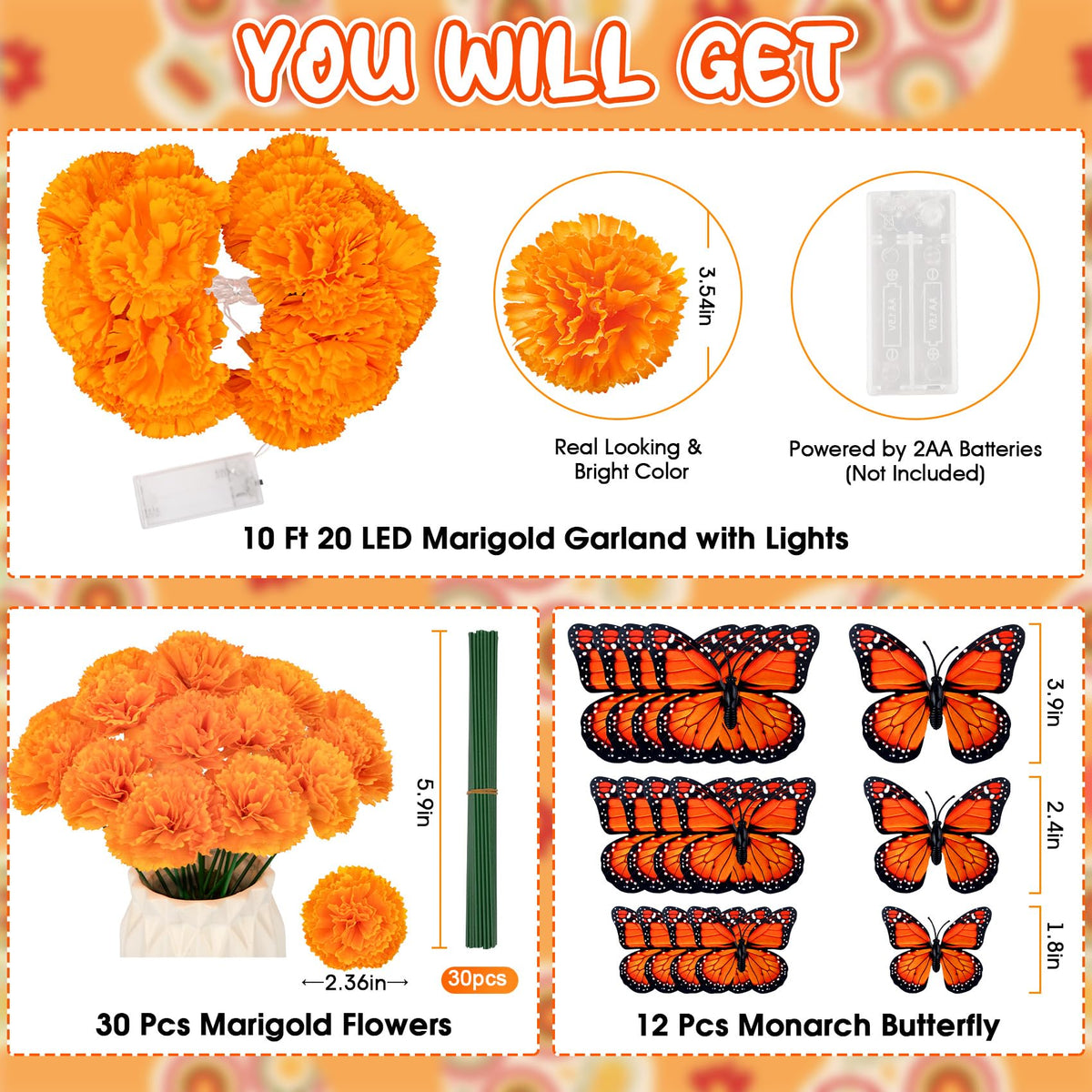 73 Pcs Day of The Dead Decor, Dia De Los Muertos Decorations Ofrenda Set | 10 Ft 20 LED Marigold Garland, 30 Marigold Flowers with 30 Stems, 12 Butterfly for Diwali Indian Altar Halloween Party