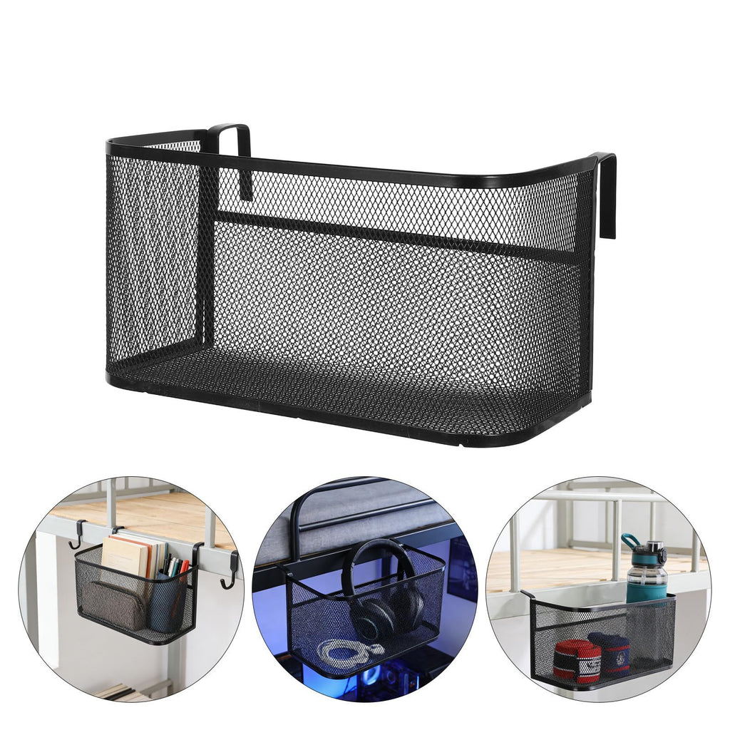 Bedside Hanging Storage Basket, Metal Bunk Bed Organizer with Cup Holder | Black Iron Frame, Hook Design, Multiple Compartments, Keeps Magazines, Phones, Drinks and Remotes within Reach