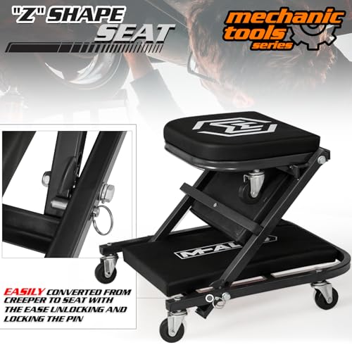 M-AUTO Foldable Z Creeper 2-in-1 Rolling Folding Car Creeper & Seat, 36" Adjustable Roller Garage Chair Lay Down or Sit, 330LBS Capacity Under Car Roller Creeper with 6 Swivel Casters, Black