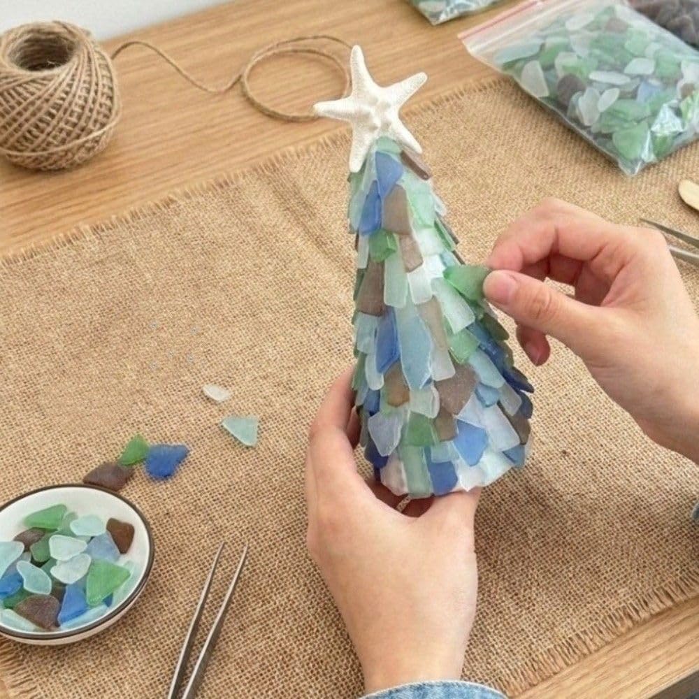2027 DIY Sea Glass Christmas Tree Craft Kit | Handmade Mini Desk Xmas Bead Art, 15 cm Sea Glass Christmas Tree Making Kit, Holiday Tabletop Decoration