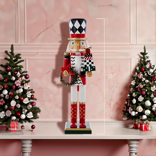 15-Inch Red, White and Black Nutcracker with Gift Box and Wreath