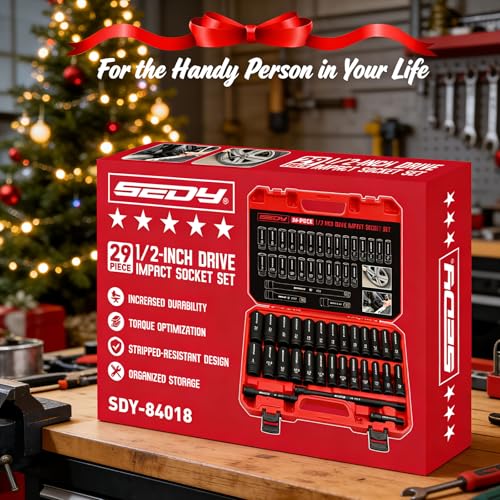 29-Piece 1/2" Drive Impact Socket Set, SAE (3/8 to 1 inch) and Metric (10-24mm) Sizes with Extension Bars Standard Deep Socket Set CR-V Material High Durability Impact Wrench