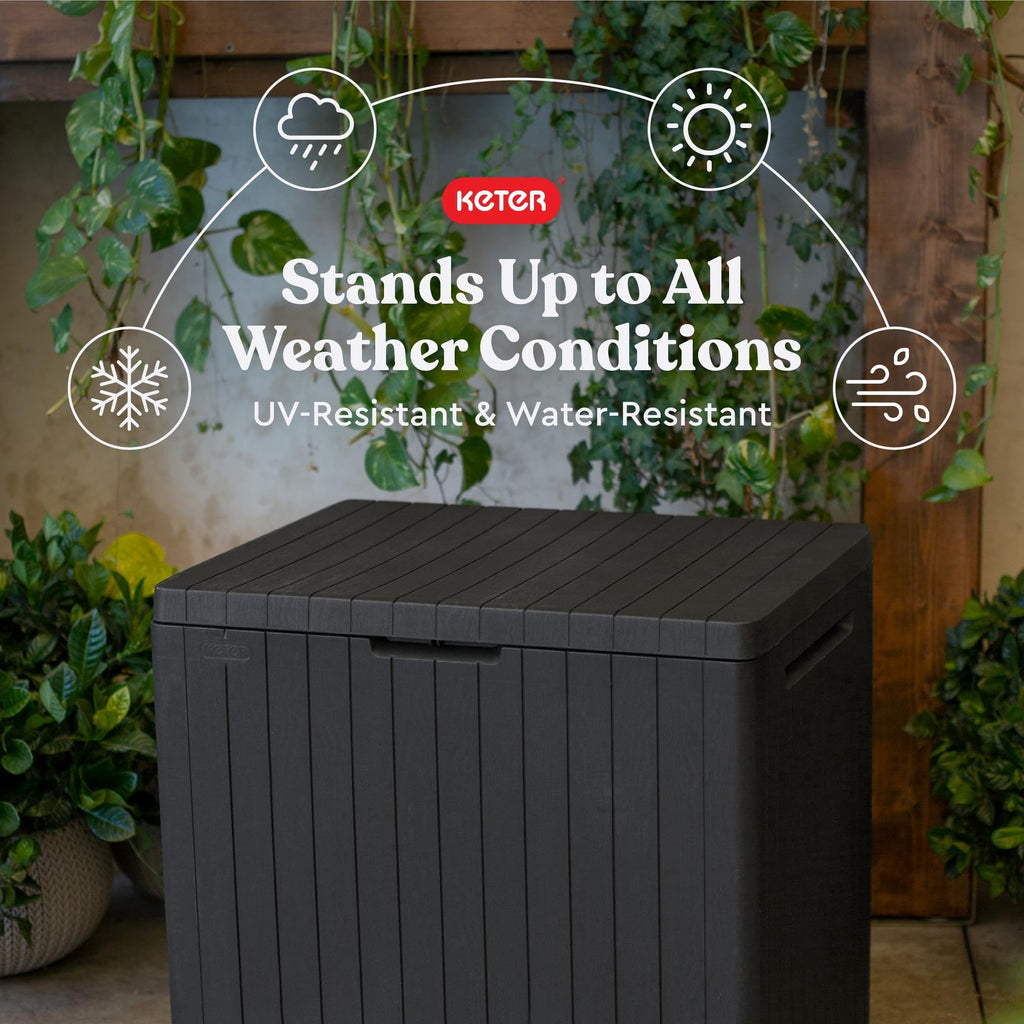 Keter City 30 Gal Outdoor Storage Box and Patio Side Table | Grey, Resin, Compact, Waterproof, Lockable, Easy Assembly, Organization, Pool Accessories Storage