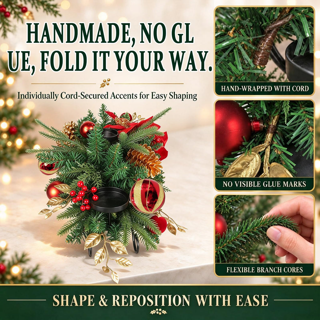 30" Christmas Table Centerpiece Iron Candle Holder with 3 Holders | Red Poinsettias, Gold Pinecones, Berries & Ornaments, Foldable Metal Frame with Storage Bag for Tabletop & Mantel Holiday Dec