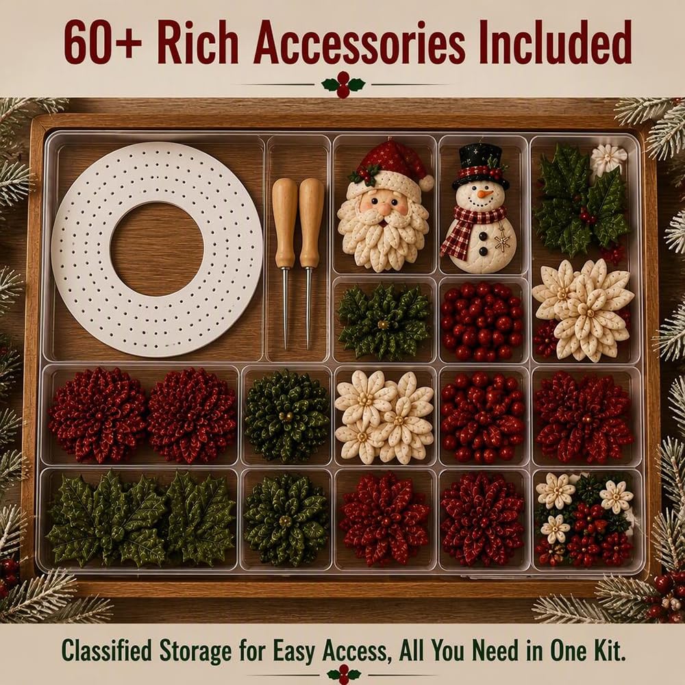 3D Fabric Poke Wreath DIY Kit, Christmas Wreath Making Kit for Adults | Christmas Craft Fabric Poke Art Kit for Beginner-Friendly, DIY Christmas Decorations Kit for Front Door Wall Window Decor