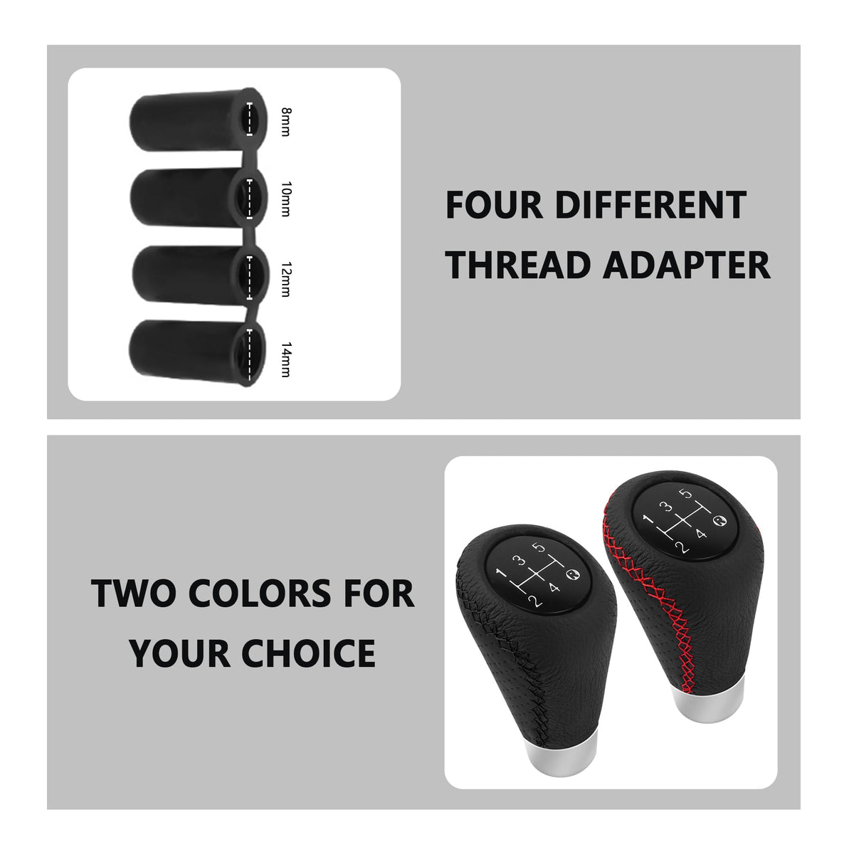 Car Gear Shift Knob with 4 Adaptive Parts,Leather 5 Speed Shift Knobs for Replacement Broken Shifter Knobs,Universal Non-Slip Manual Shift Knob Car Interior Accessories for Most Vehicles (Black/Red)