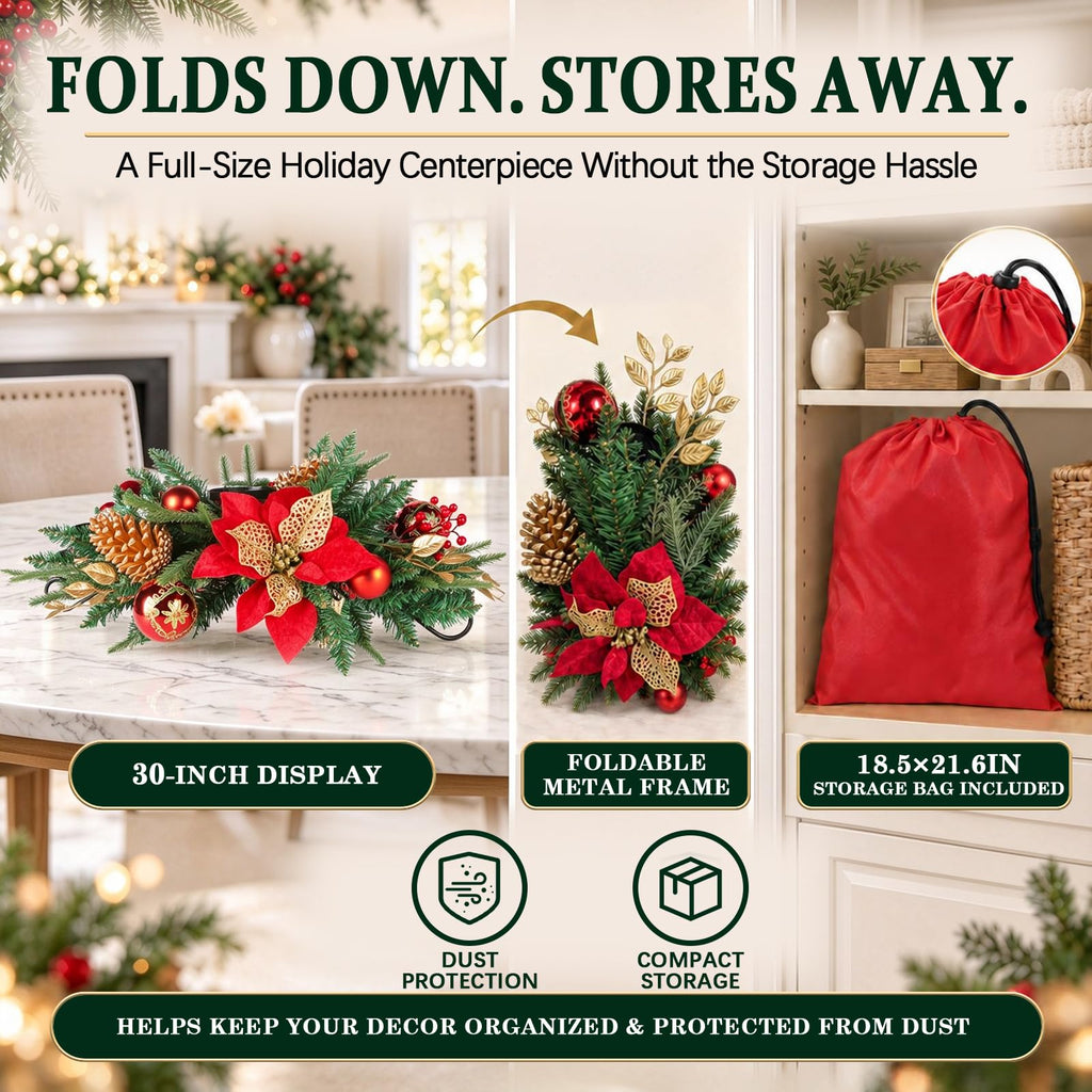 30" Christmas Table Centerpiece Iron Candle Holder with 3 Holders | Red Poinsettias, Gold Pinecones, Berries & Ornaments, Foldable Metal Frame with Storage Bag for Tabletop & Mantel Holiday Dec