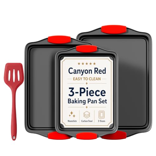 4-Piece Nonstick Carbon Steel Baking Sheet Set, Small Medium Large Rimmed Oven Pans with Red Heat-Resistant Silicone Handles & Bonus Spatula for Cookies, Cakes, Pizza & Home Baking