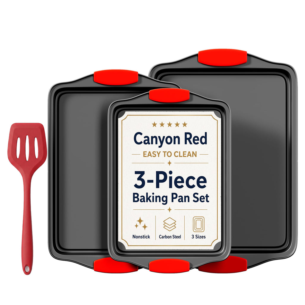 4-Piece Nonstick Carbon Steel Baking Sheet Set, Small Medium Large Rimmed Oven Pans with Red Heat-Resistant Silicone Handles & Bonus Spatula for Cookies, Cakes, Pizza & Home Baking