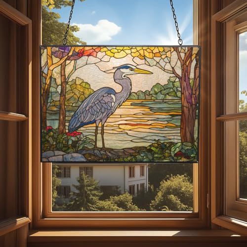 365CUSGIFTS Customized Rectangle Botanical Blue Heron Stained Glass Suncatcher Window Hangings, Suncatchers Glass Panel Sun Catchers Gifts Home Decor Garden Christmas Halloween Wedding