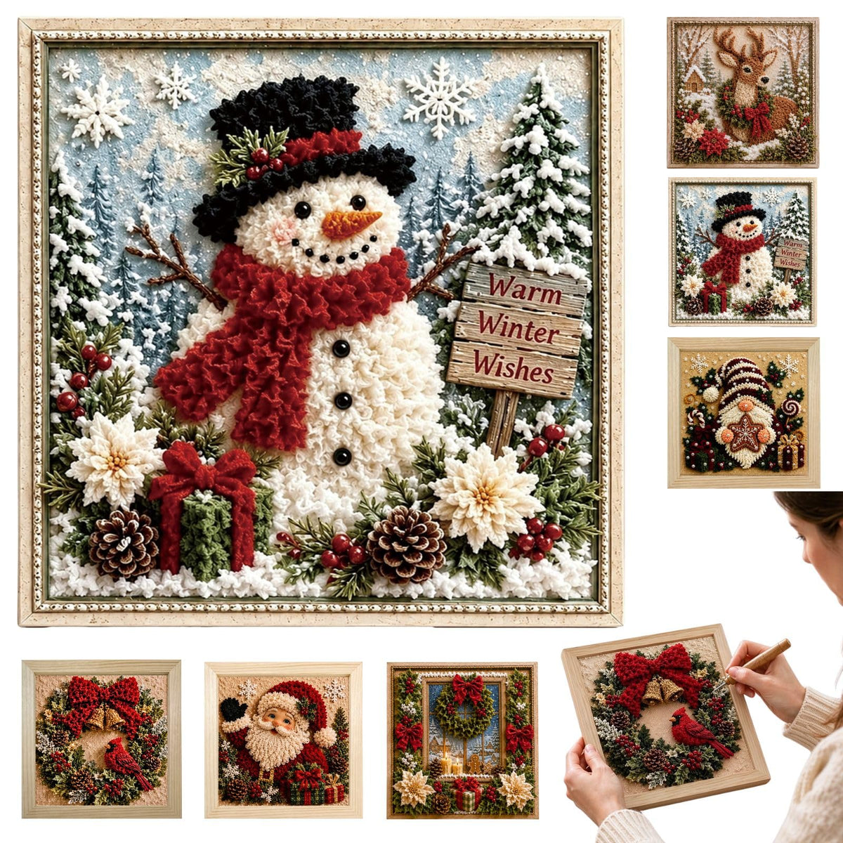 3D Christmas Fabric Poke DIY Art Kit for Adults & Beginners with Fram | Craft Fabric Punch Needle Kit for Mantel Shelf Tabletop Indoor Home Xmas Decor, Thoughtful Handmade Gifting