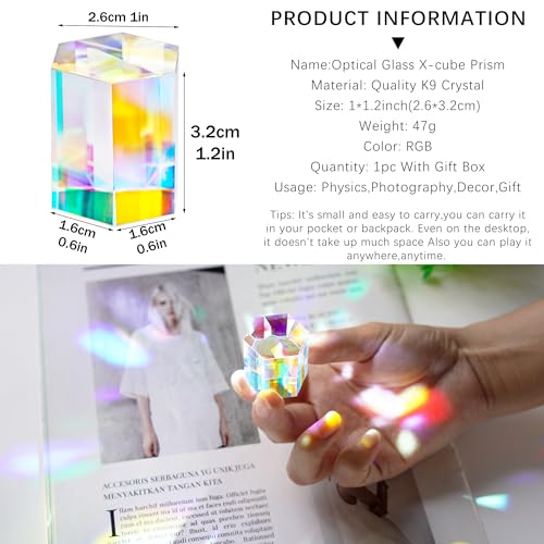 1.2'' Optical Glass RGB Dispersion Prism X-Cube for Physics Teaching Gift | Prisma,Rainbow Prism,Crystal Cube Prism,Photography Props