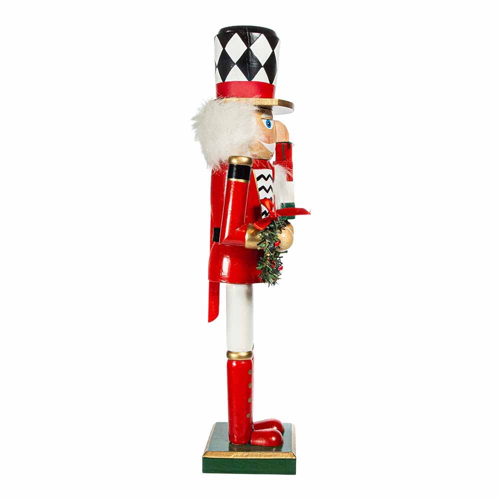 15-Inch Red, White and Black Nutcracker with Gift Box and Wreath