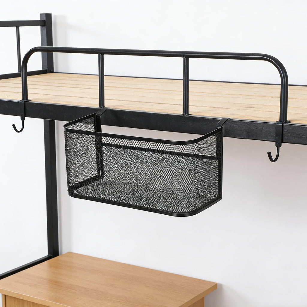Bedside Hanging Storage Basket, Metal Bunk Bed Organizer with Cup Holder | Black Iron Frame, Hook Design, Multiple Compartments, Keeps Magazines, Phones, Drinks and Remotes within Reach