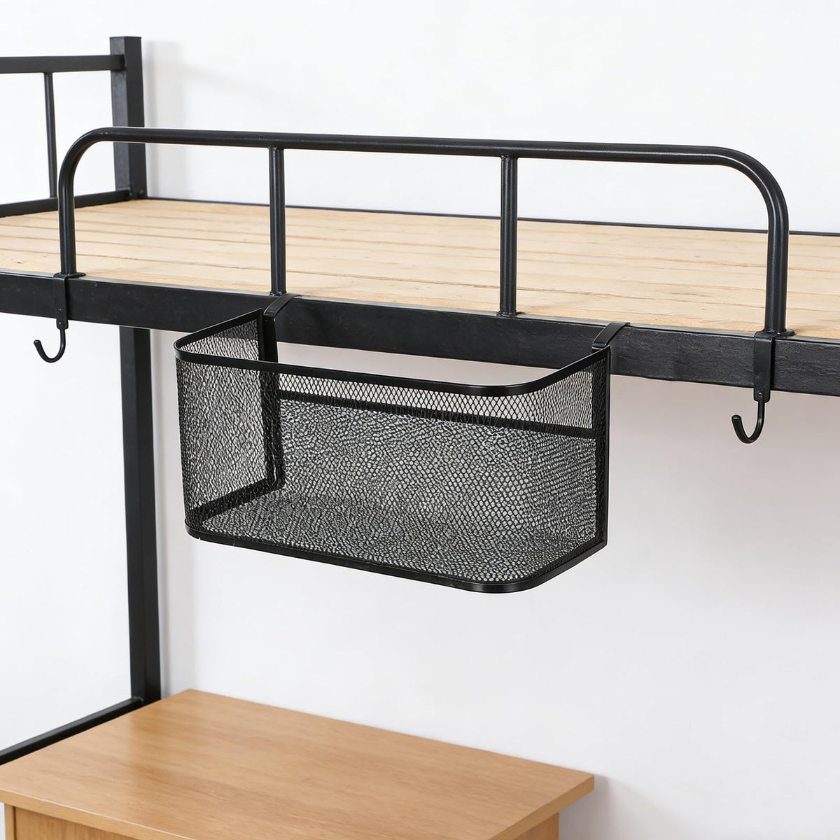 Bedside Hanging Storage Basket, Metal Bunk Bed Organizer with Cup Holder | Black Iron Frame, Hook Design, Multiple Compartments, Keeps Magazines, Phones, Drinks and Remotes within Reach
