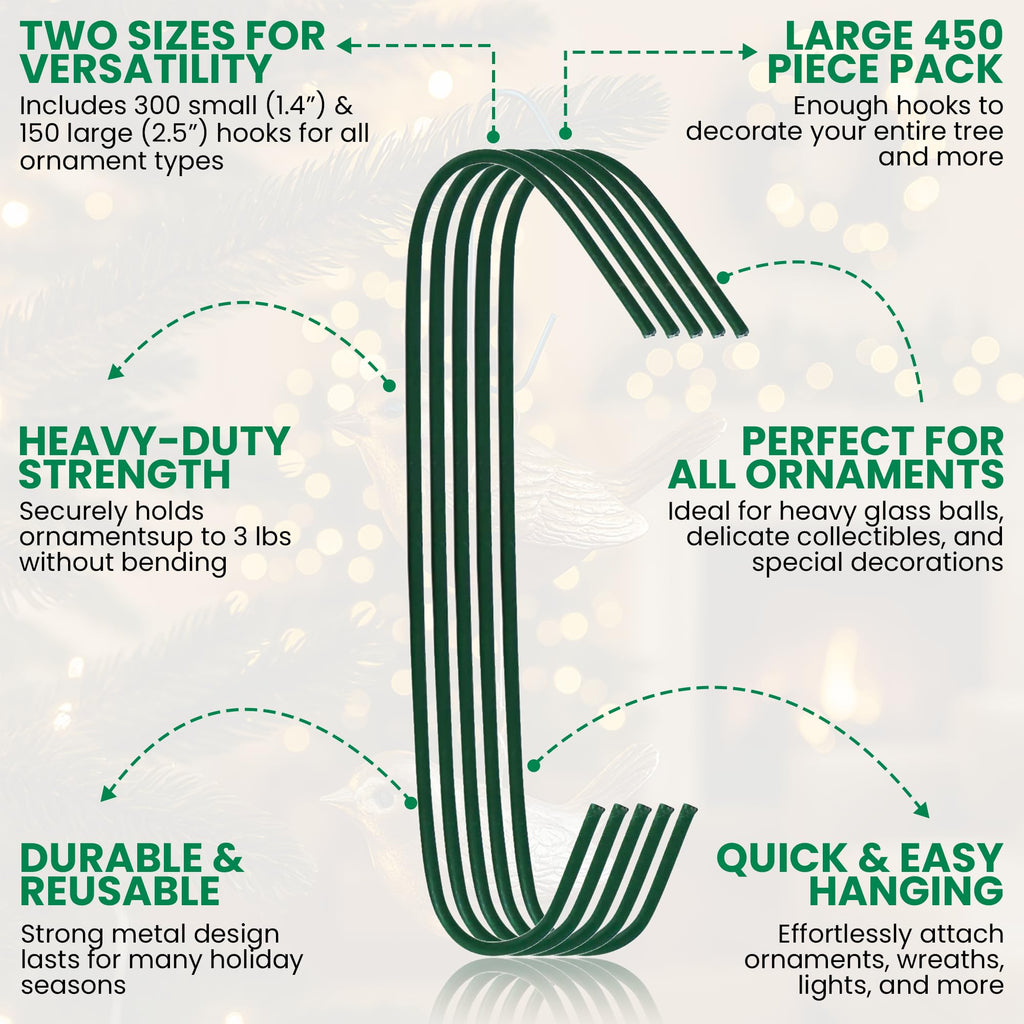 Iconikal 450 Pack Heavy Duty Green Christmas Tree Ornament Hooks 1.4 & 2.5"