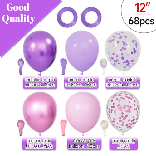 68Pcs Pink and Purple Balloons 12 Inch Metallic Purple Pink Latex Balloon Confetti ballons with Ribbons Party Balloons for Wedding Girls Birthday Baby Shower Decorations.