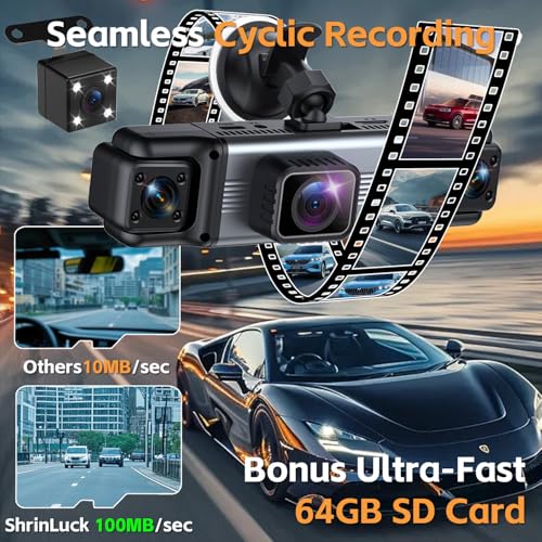 4 Channel 360° Dash Cam Front and Rear Inside, 64GB Card Included | 4K+1080P*3 FHD Car Camera, 5GHz WiFi/App Control 8 IR Lamps Night Vision 24H Parking Mode G-Sensor Loop Recording (Gunmetal)