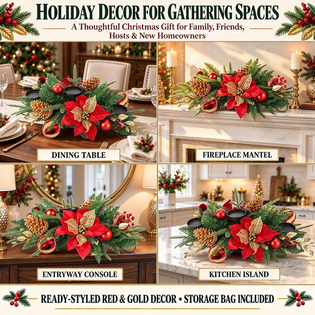 30" Christmas Table Centerpiece Iron Candle Holder with 3 Holders | Red Poinsettias, Gold Pinecones, Berries & Ornaments, Foldable Metal Frame with Storage Bag for Tabletop & Mantel Holiday Dec