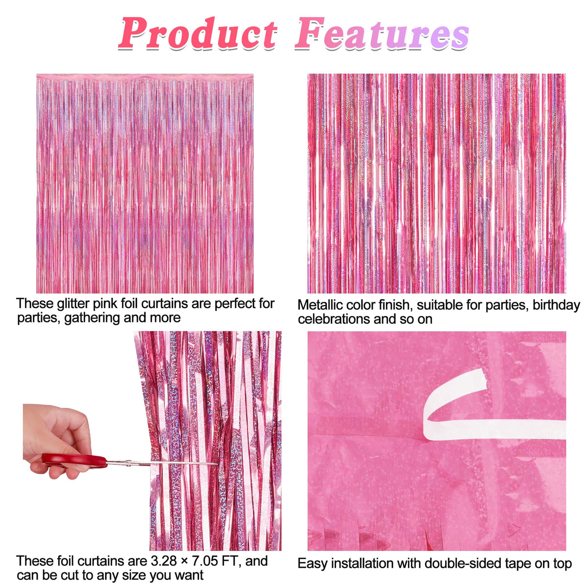 2 Pack Glitter Pink Backdrop, 3.28 FT x 7.05 FT Birthday Party Decorations, Laser Pink Fringe Curtains Foil Streamer Tinsel, Pink Curtains Photo Backdrop Happy Birthday Valentines Day Backdrop